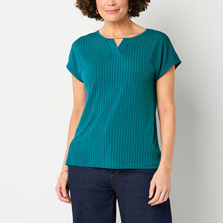Liz Claiborne Womens Keyhole Neck Short Sleeve Blouse, Petite Large, Blue