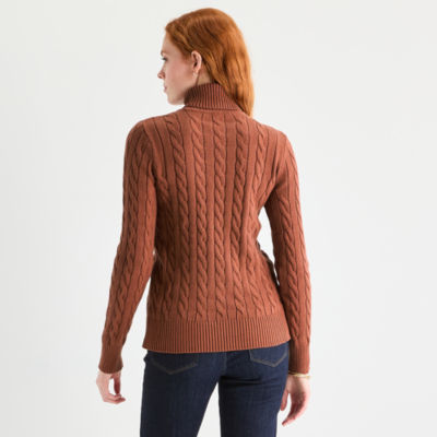 St. John's Bay Womens Turtleneck Long Sleeve Cable Knit Pullover Sweater