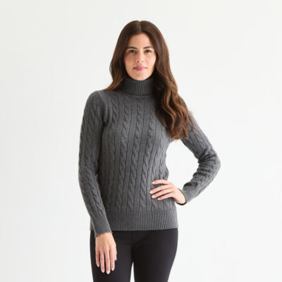 St. John's Bay Womens Turtleneck Long Sleeve Cable Knit Pullover Sweater