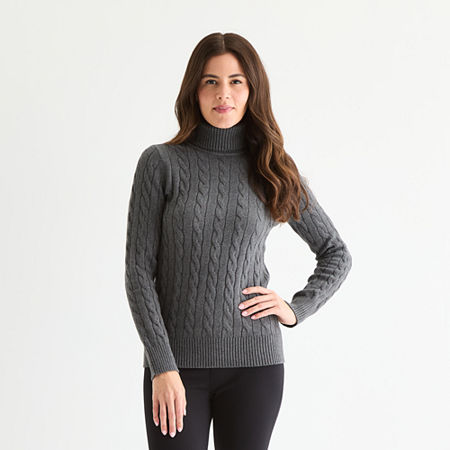 St. John's Bay Womens Turtleneck Long Sleeve Cable Knit Pullover Sweater In Gray
