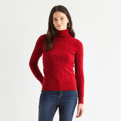 St. John's Bay Womens Turtleneck Long Sleeve Cable Knit Pullover Sweater