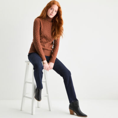 St. John's Bay Womens Turtleneck Long Sleeve Cable Knit Pullover Sweater