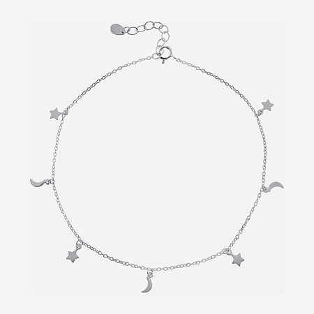 Silver Treasures Womens Sterling Silver Semisolid Cable Moon Star Ankle Bracelet