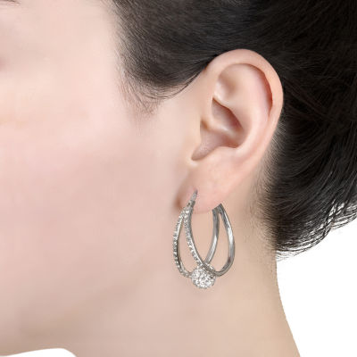 Sparkle Allure Double Crystal Pure Silver Over Brass Hoop Earrings