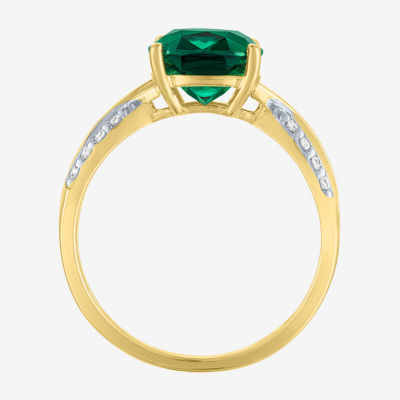 Womens 1/8 CT. T.W. Lab Created Green Emerald 10K Gold Crossover Side Stone Cocktail Ring