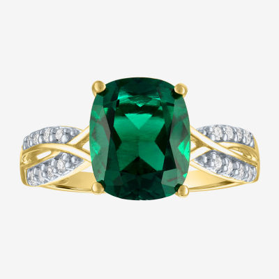 Womens 1/8 CT. T.W. Lab Created Green Emerald 10K Gold Crossover Side Stone Cocktail Ring