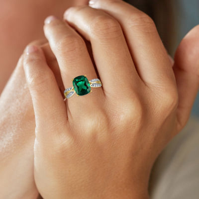 Womens 1/8 CT. T.W. Lab Created Green Emerald 10K Gold Crossover Side Stone Cocktail Ring