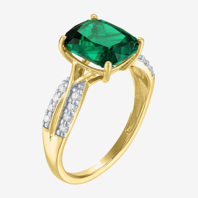 Womens 1/8 CT. T.W. Lab Created Green Emerald 10K Gold Crossover Side Stone Cocktail Ring