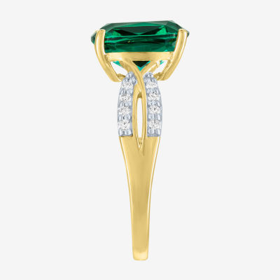 Womens 1/8 CT. T.W. Lab Created Green Emerald 10K Gold Crossover Side Stone Cocktail Ring