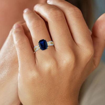 Womens 1/8 CT. T.W. Lab Created Blue Sapphire 10K Gold Crossover Side Stone Cocktail Ring