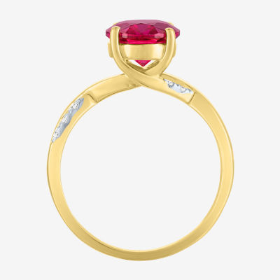 Womens Diamond Accent Lab Created Red Ruby 10K Gold Side Stone Cocktail Ring