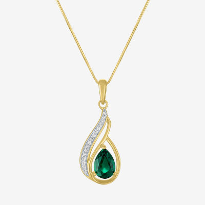 Womens Diamond Accent Lab Created Green Emerald 10K Gold Pear Pendant Necklace
