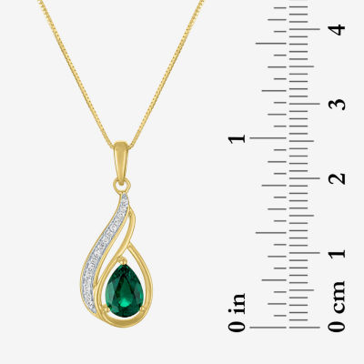 Womens Diamond Accent Lab Created Green Emerald 10K Gold Pear Pendant Necklace