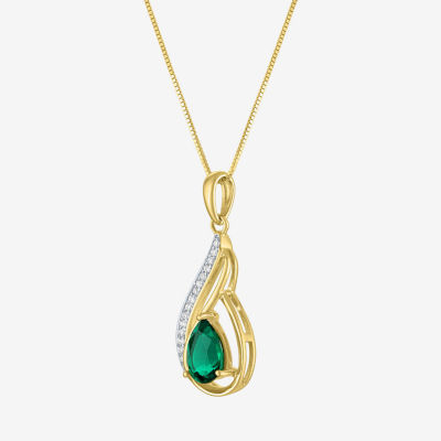 Womens Diamond Accent Lab Created Green Emerald 10K Gold Pear Pendant Necklace