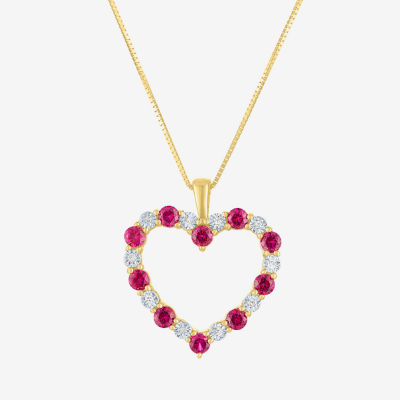 Womens Diamond Accent Lab Created Red Ruby 10K Gold Heart Pendant Necklace