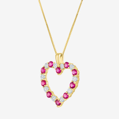 Womens Diamond Accent Lab Created Red Ruby 10K Gold Heart Pendant Necklace