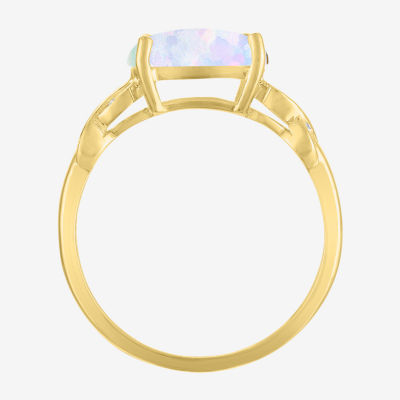 Womens Diamond Accent Lab Created White Opal 10K Gold Side Stone Cocktail Ring