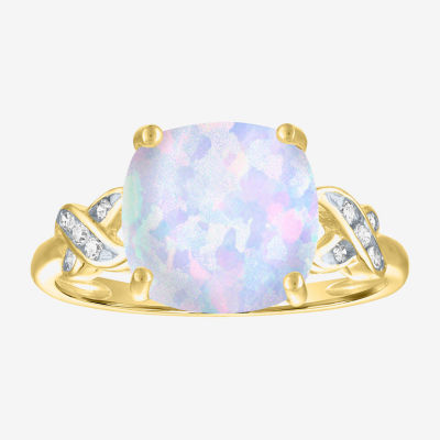 Womens Diamond Accent Lab Created White Opal 10K Gold Side Stone Cocktail Ring