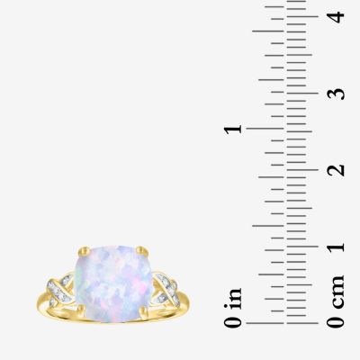 Womens Diamond Accent Lab Created White Opal 10K Gold Side Stone Cocktail Ring