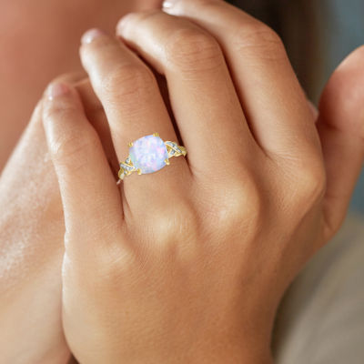 Womens Diamond Accent Lab Created White Opal 10K Gold Side Stone Cocktail Ring