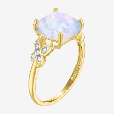 Womens Diamond Accent Lab Created White Opal 10K Gold Side Stone Cocktail Ring