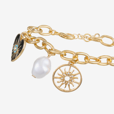 Bijoux Bar Gold Tone Glass Simulated Pearl Link Evil Eye Heart Star Charm Bracelet