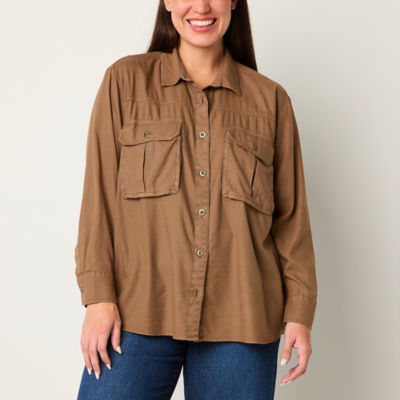 a.n.a Womens Long Sleeve Loose Fit Button-Down Shirt