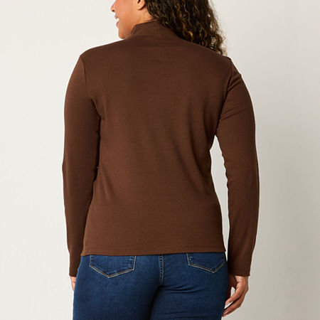 St. John's Bay Womens Mock Neck Long Sleeve T-Shirt, Petite X-large, Brown