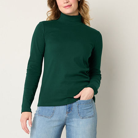 St. John's Bay Womens Mock Neck Long Sleeve T-Shirt, Petite Large, Green