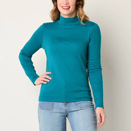 St. John's Bay Womens Mock Neck Long Sleeve T-Shirt, Petite X-large, Blue