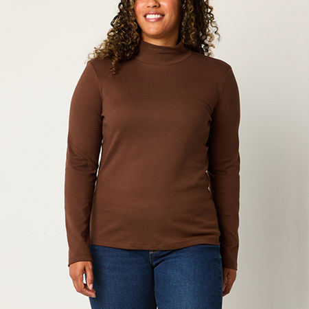 St. John's Bay Womens Mock Neck Long Sleeve T-Shirt, Petite X-large, Brown