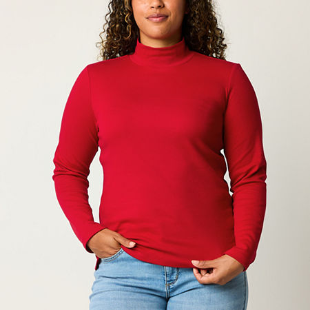 St. John's Bay Womens Mock Neck Long Sleeve T-Shirt, Petite Small, Red