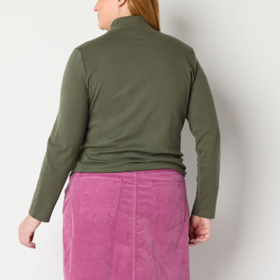 St. John's Bay Womens Plus Mock Neck Long Sleeve T-Shirt