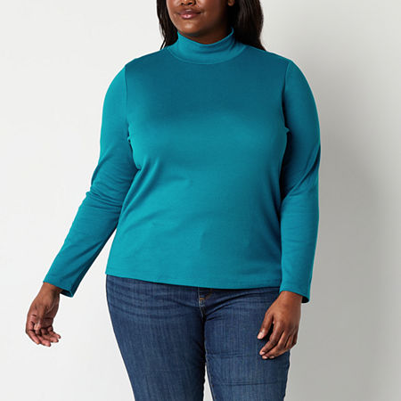 St. John's Bay Womens Plus Mock Neck Long Sleeve T-Shirt, 5x, Blue