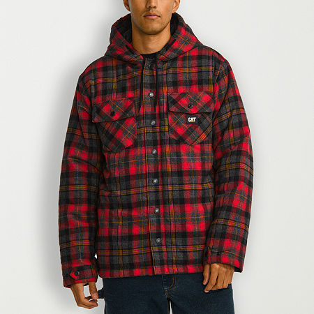 CAT Flannel Mens Hooded Lined Midweight Shirt Jacket, X-large, Red