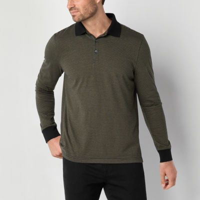 St. John's Bay Mini Striped Super Soft Jersey Mens Classic Fit Long Sleeve Polo Shirt