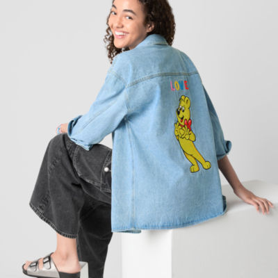 JCPenney x HARIBO Womens Juniors Denim Embroidered Lightweight Animal Shirt Jacket