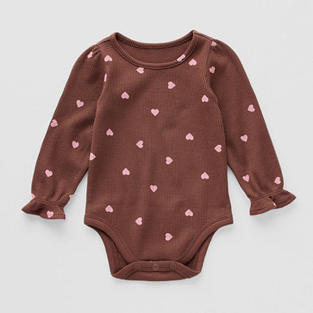 Okie Dokie Waffle Knit Baby Girls Round Neck Long Sleeve Bodysuit, 3 Months, Brown