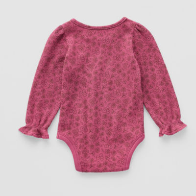 Okie Dokie Waffle Knit Baby Girls Round Neck Long Sleeve Bodysuit