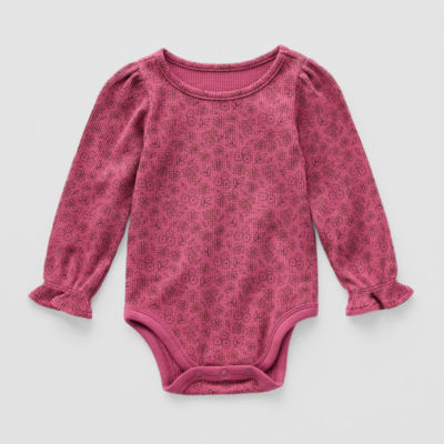 Okie Dokie Waffle Knit Baby Girls Round Neck Long Sleeve Bodysuit