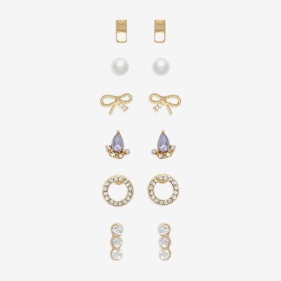 Mixit Womens Cubic Zirconia Simulated Pearl Bow Hypoallergenic 6 Pair Earring Set