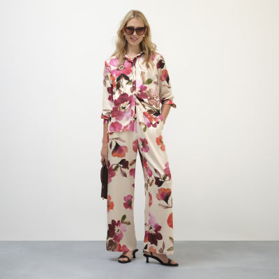Premier Amour Floral Womens Long Sleeve Satin Blouse