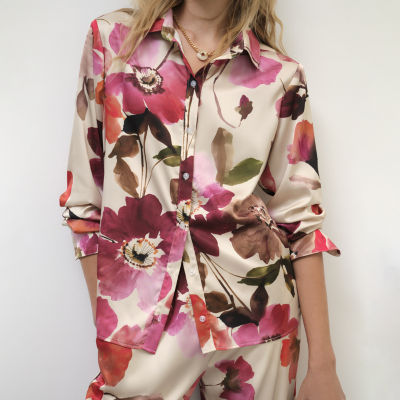 Premier Amour Floral Womens Long Sleeve Satin Blouse