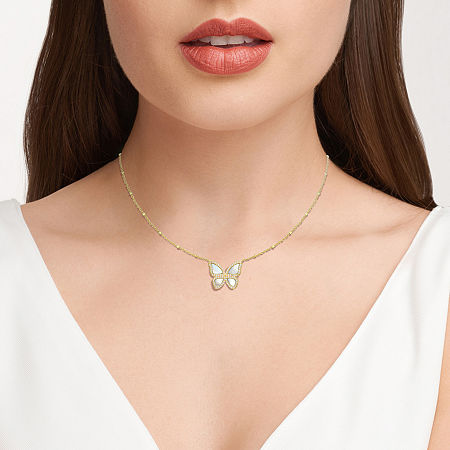 Womens White Mother Of Pearl 18K Gold Over Silver Butterfly 18 Inch Pendant Necklace, One Size, White