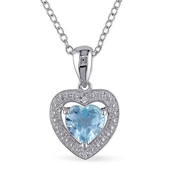 Womens Diamond Accent Genuine Blue Topaz Sterling Silver Heart Pendant Necklace