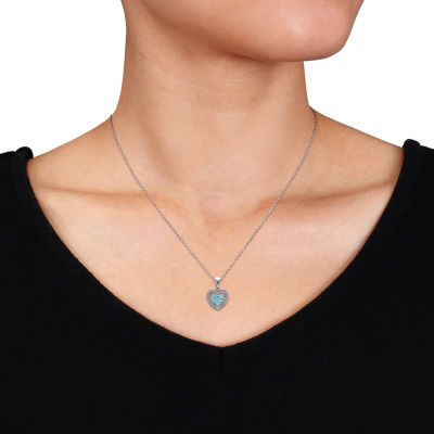 Womens Diamond Accent Genuine Blue Topaz Sterling Silver Heart 18 Inch Pendant Necklace