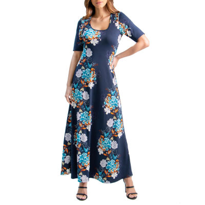 24seven Comfort Apparel 3/4 Sleeve Floral Maxi Dress, Color Multi