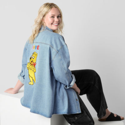 JCPenney x HARIBO Womens Juniors Plus Denim Embroidered Lightweight Animal Shirt Jacket