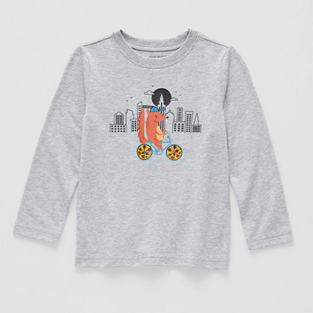 Okie Dokie Toddler & Little Boys Crew Neck Long Sleeve Regular Fit Graphic T-Shirt, 18 Months, Gray
