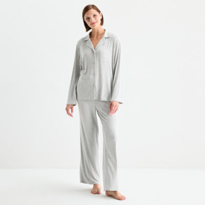 Ambrielle Womens Rib V-Neck Long Sleeve 2-pc. Pajama Sets